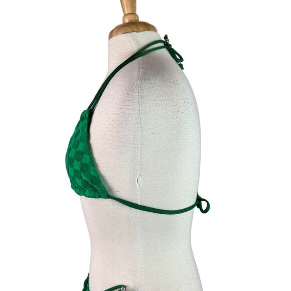 Green Terry Cloth String Bikini Women Medium Checkerboard Textured Cheeky Spring - Picture 3 of 7